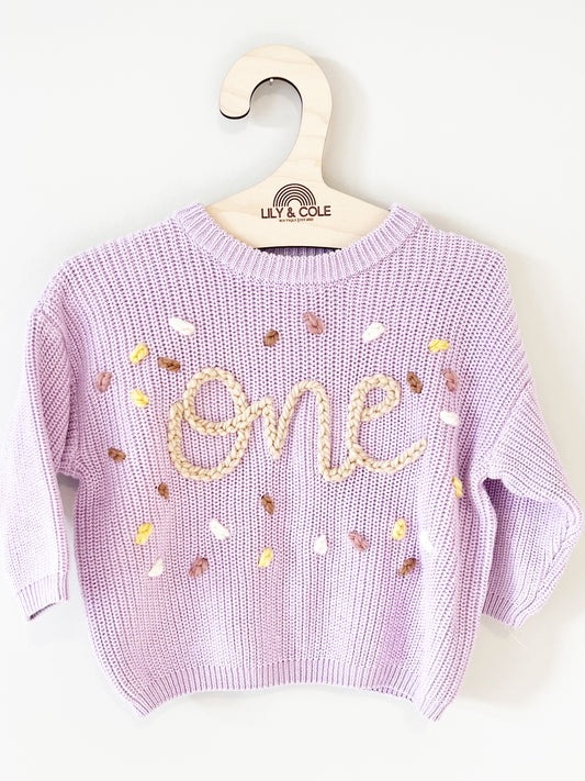 "ONE" CONFETTI EMBROIDERED SWEATER